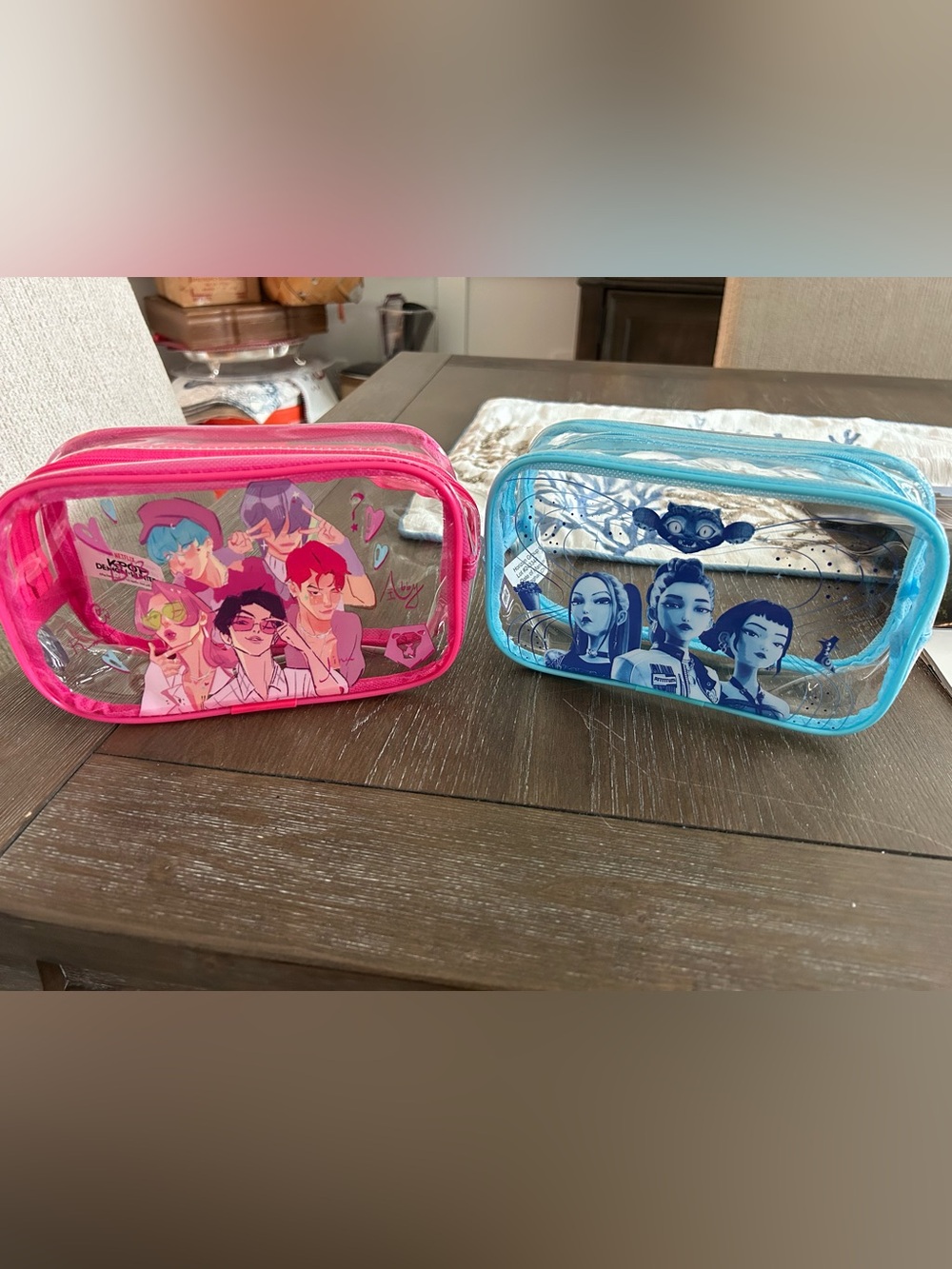 Pink and Blue Clear Kpop Demon Hunter zipper bags.- Set of 2
